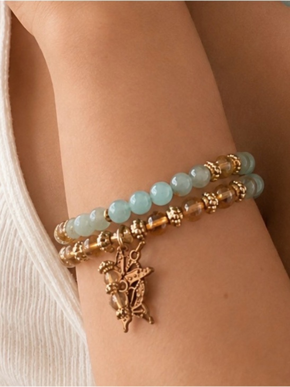 Stacked Aqua and Amber Bead Bracelet Set with Gold Accents